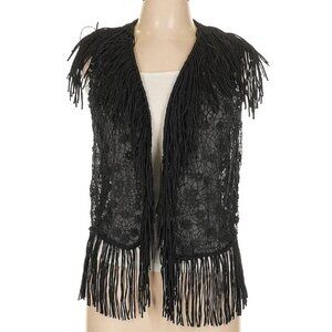 Elie Tahari Black Vest with Fringe and Textured Material